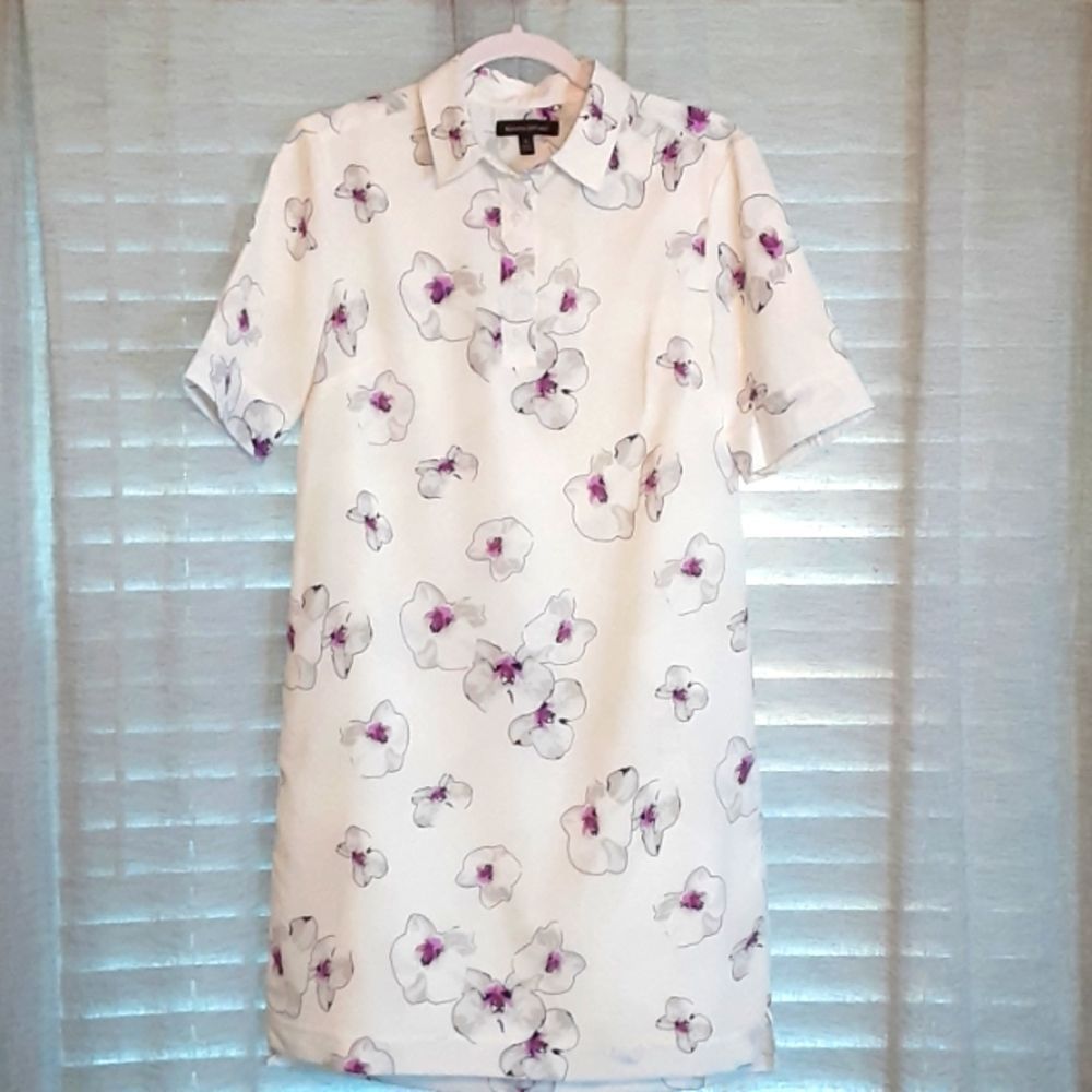 Banana Republic White Shirt Dress with Purple and grey Tulip Design